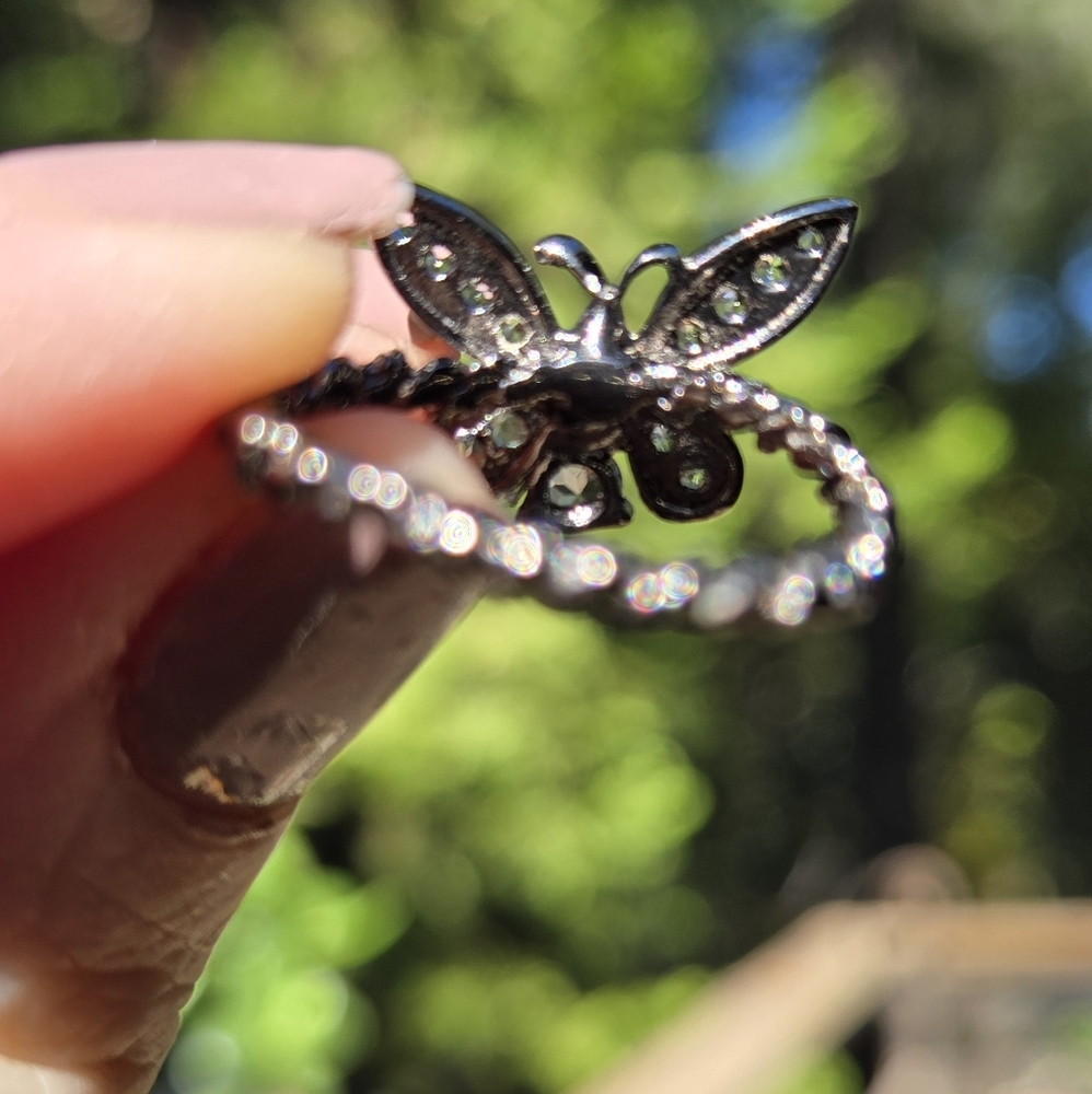 Blue Topaz Natural Gemstone Sterling Rhodium & Gold Butterfly Ring Sz7 - Picture 9 of 10